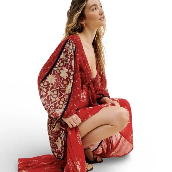 Free People Bali Laurel Bohemian Long Sleeve Red Maxi Dress - $298 - Picture 13 of 16
